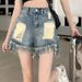 Worn worn-out denim shorts for women in summer, distressed high waisted, loose versatile, with raw edges, straight wide_voghion.com
