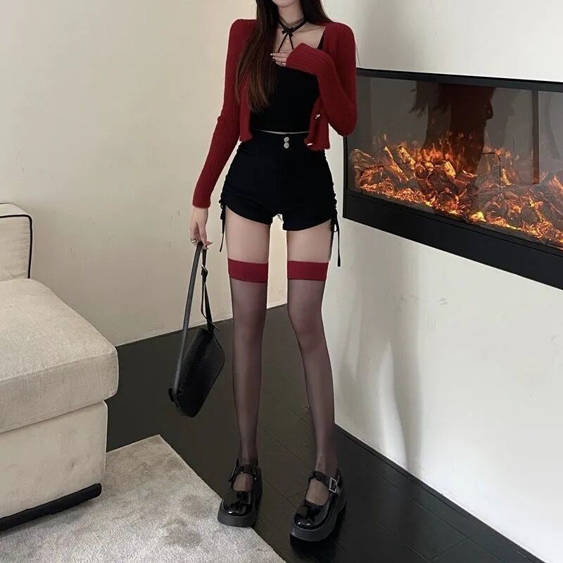 Süße Web-rote weiße Seidenschleife für Frauen JK Sommer dünne und sexy Spitze schwarze Bein Kniestrümpfe_voghion.com