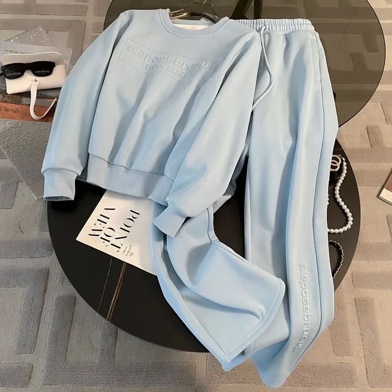 Niebieska bluza z kapturem redukująca wiek, sportowa, wiosenna i jesienna, nowa, modna, szerokie spodnie w stylu western, dwuczęściowy zestaw_voghion.com