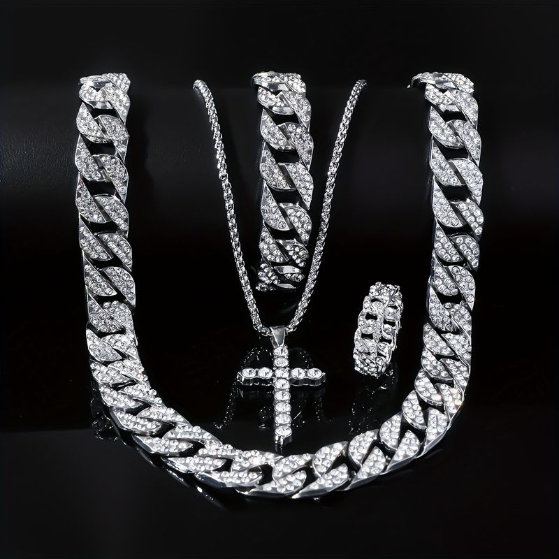 Hip Hop Diamond Cross Necklace For Men Trendy Stre Style Personality Cuban Double Layer Clavicle Chain Ring Bracel_voghion.com