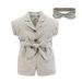 Kinderkleidung Sommermode für Mädchen Overalls einfarbig V-Ausschnitt Jumpsuit Shorts Kopfbedeckung_voghion.com