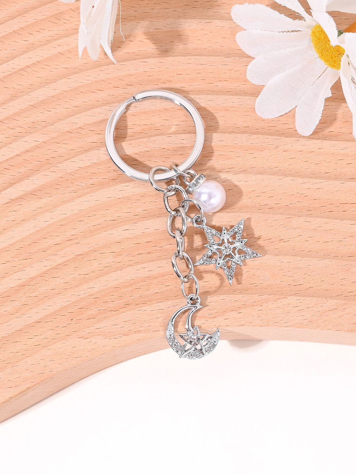 Portachiavi per auto con ciondolo per borsa versatile, stella e luna intarsiate con diamanti e perle, decorazione fai da te_voghion.com