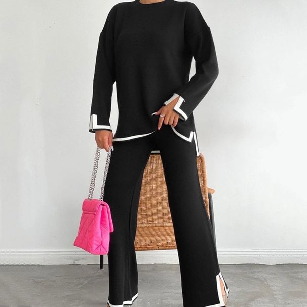 Damenbekleidung Langarmpulloveranzug Strickoberteil Hosenanzug_voghion.com