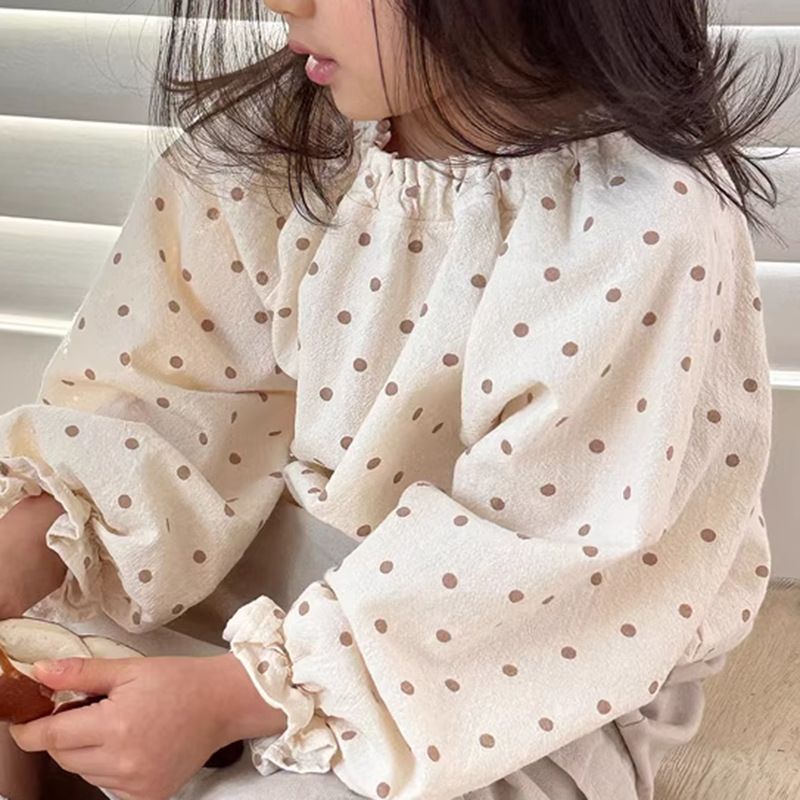 Κορεατική έκδοση Instagram φθινοπωρινή στολή, νέο κοριτσίστικο πουκάμισο φανάρι για μωρά, μοντέρνο φαρδύ πουά μανίκι με φούσκα και γλυκό τοπ_voghion.com