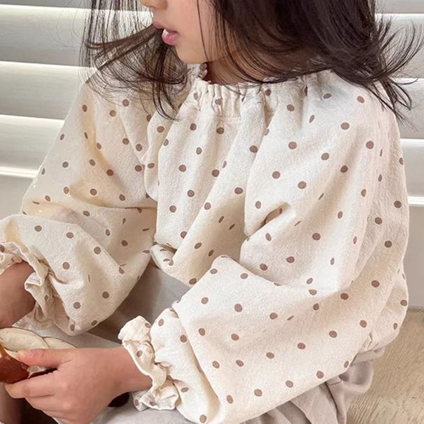 Κορεατική έκδοση Instagram φθινοπωρινή στολή, νέο κοριτσίστικο πουκάμισο φανάρι για μωρά, μοντέρνο φαρδύ πουά μανίκι με φούσκα και γλυκό τοπ_voghion.com