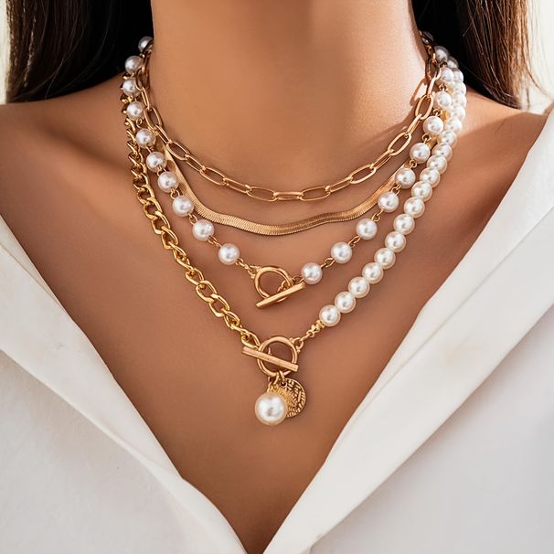 Gold Layered Necklace, Multi-layer Layered Pearl Paperclip Chain Necklace, Adjustable Layered Chain, Gold-plated Necklace Set For Women_voghion.com