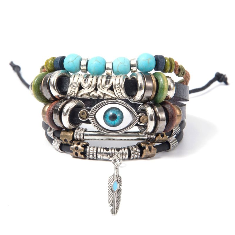 Türkis gewebtes Leder Herrenarmband Vier-Kombination Evil Eye Schmuck Zubehör_voghion.com