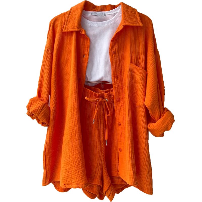 Ensemble deux pièces revers froissé chemise à manches longues taille haute cordon short mode costume décontracté_voghion.com