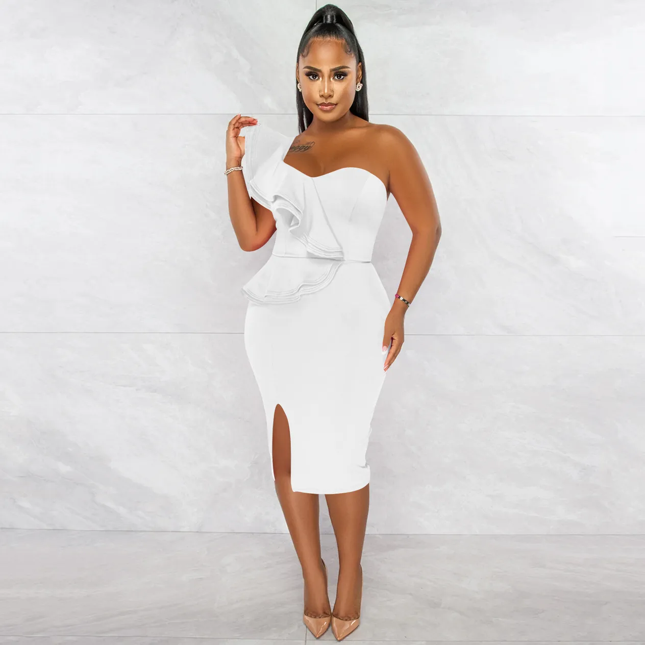 Women's Clothing fashion casual ruffled slit one shoulder sleeve dress women's clothing_voghion.com