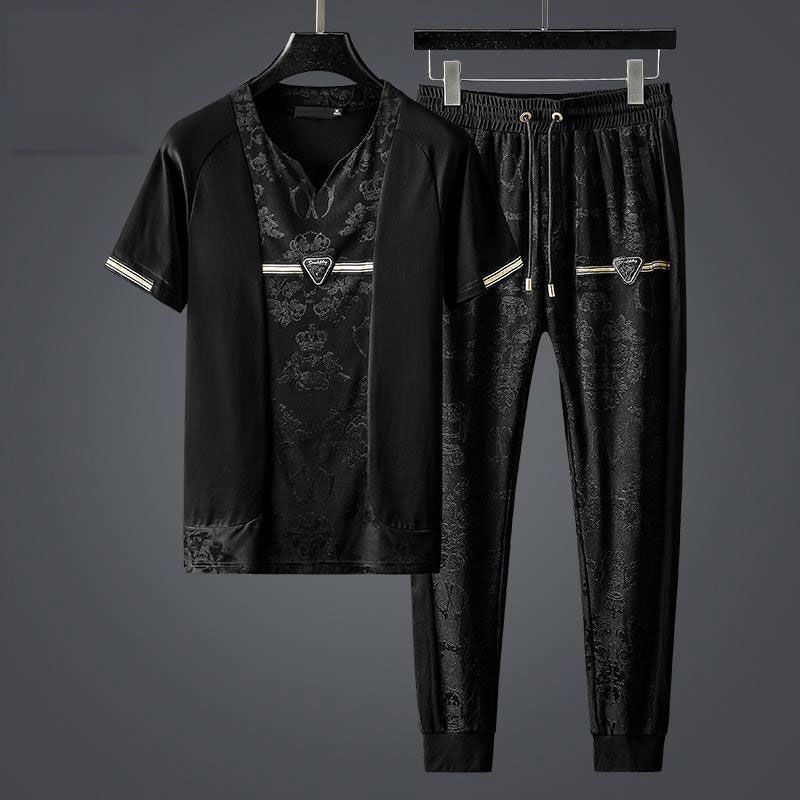 Leichter Luxus-Modeanzug aus Jacquard-Baumwolle mit merzerisierter Baumwolle für Herren, Sommer, lockere Passform, große Persönlichkeit, passendes Outfit, zweiteiliger Anzug_voghion.com