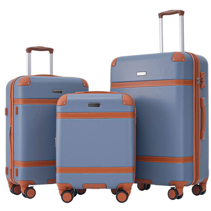 Koffer-Set, Hartschalen-Koffer, Rollkoffer, Reisekoffer, Handgepäck 4 Rollen, ABS-Material, TSA Zollschloss, (Dunstblau+braun)_voghion.com