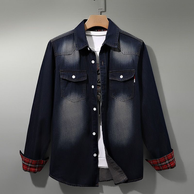 Abbigliamento maschile nuova camicia da uomo retrò lavata in denim a maniche lunghe semplice versatile camicia casual ampia_voghion.com
