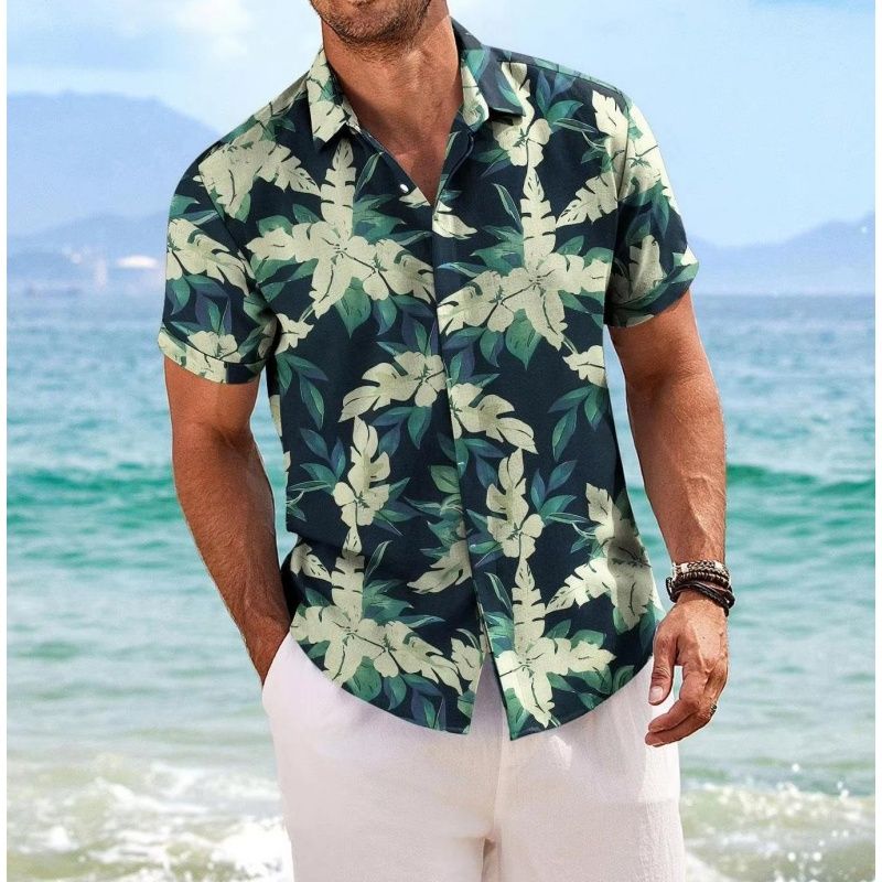 Chemise hawaïenne à manches courtes pour homme, motif floral et feuilles colorées, imprimé 3D, idéal pour la plage ou l'été_voghion.com