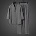 CT Sommer Plus Size Ice Silk Herren Dünnes T-Shirt im chinesischen Stil mit V-Ausschnitt und fünf Ärmeln sowie langen Hosen, lässiges Sport-Zweiteiler-Set_voghion.com