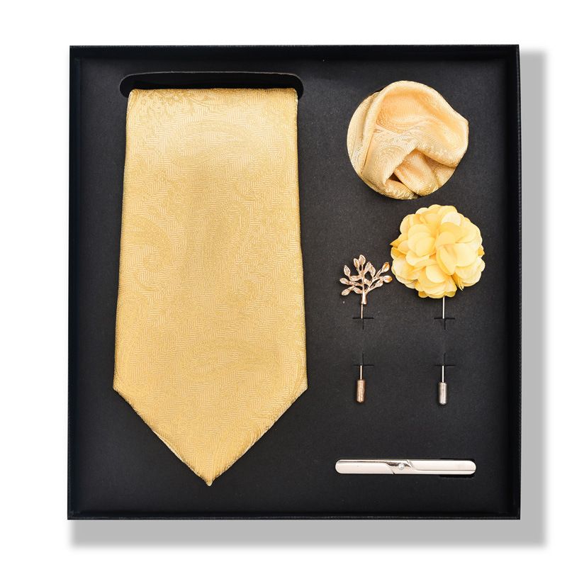 Trendige, einfarbig gestreifte Cashew-Krawatte für Herren, 6-teiliges Geschenkbox-Set, quadratischer Schal, Krawattenklammer, Corsagen-Set_voghion.com