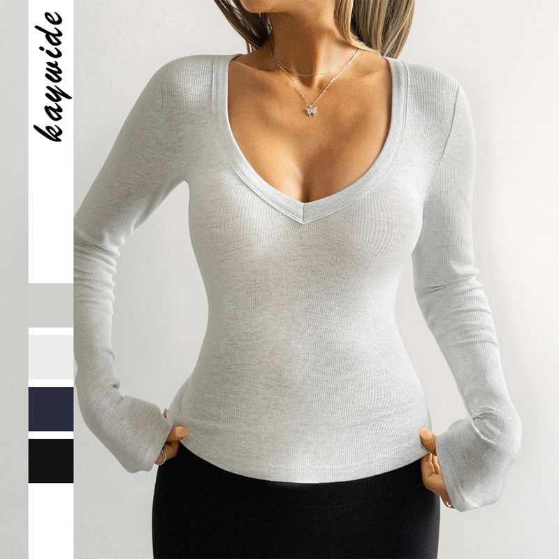 ​​Women's Long Sleeve Layering T-Shirt - Slim Fit V-Neck Basic Top For Minimalist Style (4 Colors, S-XL)​_voghion.com