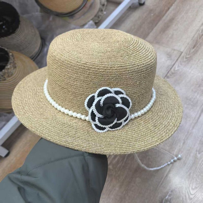 French Camellia Hepburn Style Black And White Retro Travel Sunshade Bucket Pearl Straw Hat Vacation_voghion.com