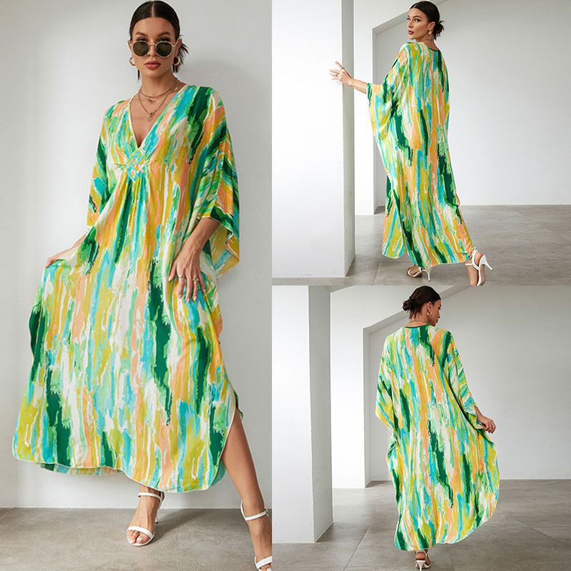 Abito lungo in cotone bohémien – Copricostume oversize, tunica fluida per donna, costume da bagno taglie forti con stampe vivaci_voghion.com