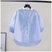 Camicia da donna in cotone azzurro chiaro in stile letterario, camicia casual da donna con maniche a 7 punte, top estivo versatile dal temperamento versatile_voghion.com
