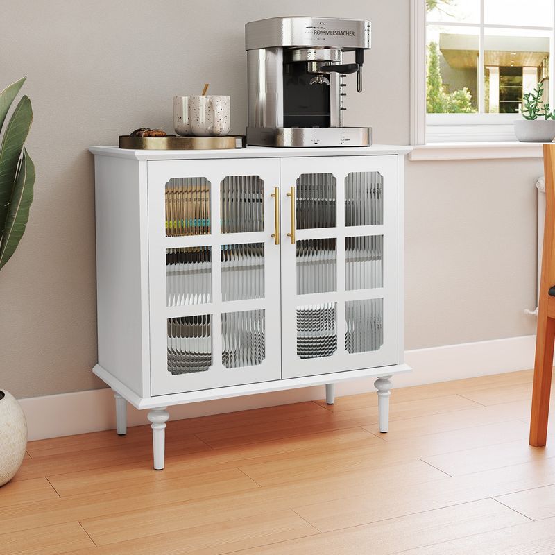 Vintage Buffet Cabinet With 2 Lattice Glass Door, Wooden Accent Cabinet With Adjustable Shelves, Credenza For Living Room, Kitchen, Dining Room, Entryway, White_voghion.com