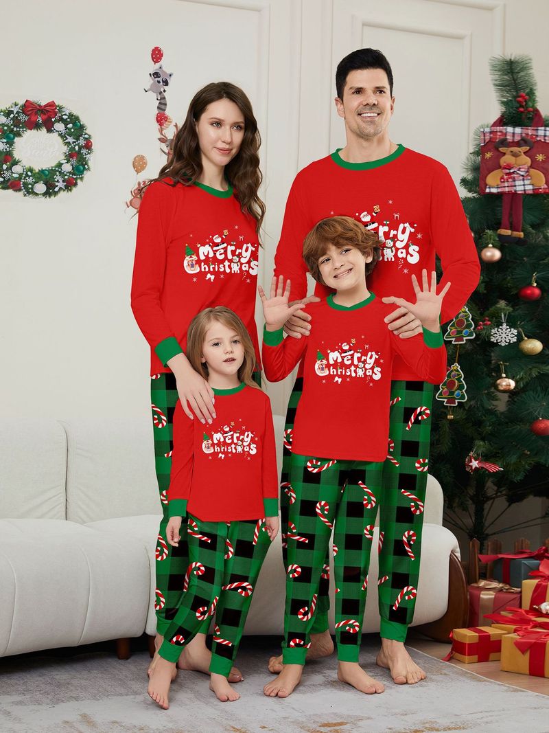 Christmas Fawn Alphabet Candy Cane Christmas Family suit printed homewear pajamas_voghion.com