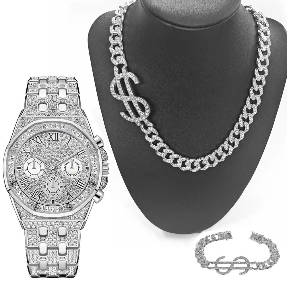 Hip Hop vyriškų laikrodžių apyrankių karolių rinkinys Parduodamas dovanų rinkinys_voghion.com