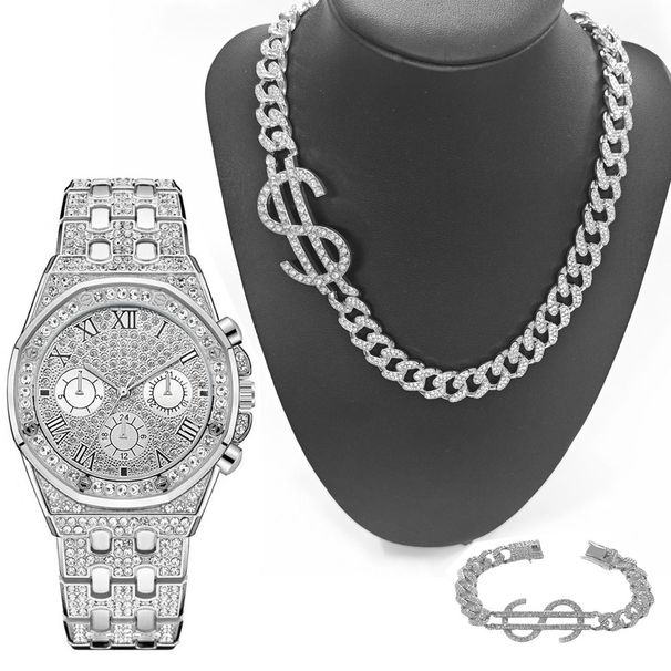 Hip Hop vyriškų laikrodžių apyrankių karolių rinkinys Parduodamas dovanų rinkinys_voghion.com