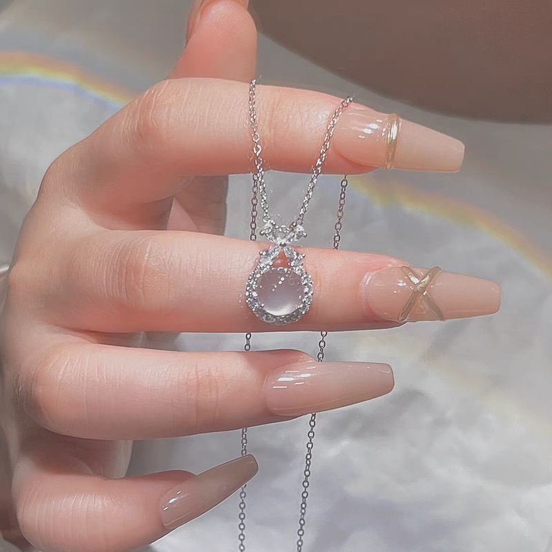 Schleife aus reinem Silber, weiße Jade-Markkette für Frauen, zart, süß, hochwertig, Nischen-Schlüsselbeinkette, Geburtstagsgeschenk_voghion.com