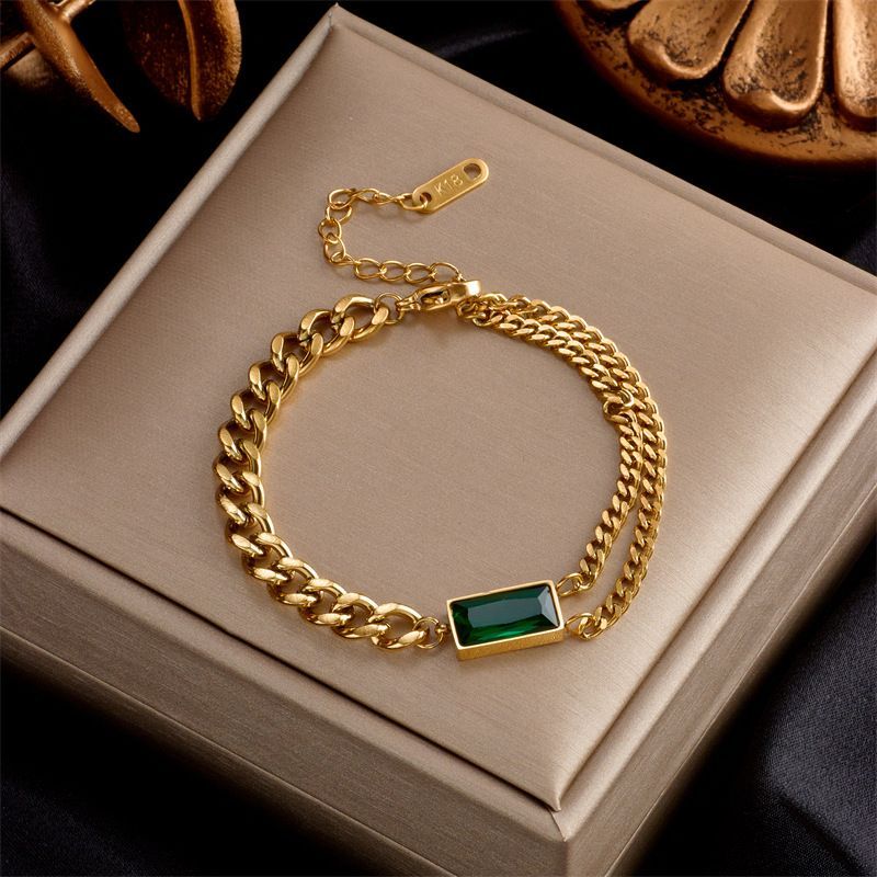 Cadena asimétrica retro de estilo europeo y americano, de metal cuadrado, verde, con accesorios de acero y titanio._voghion.com