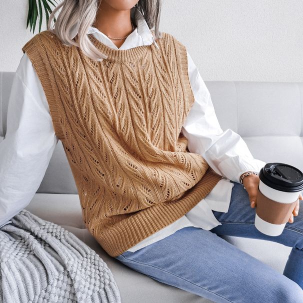 Women's clothing Ins style real shot autumn and winter round neck hollow leaf casual knitted vest sweater independent station women's clothing_voghion.com