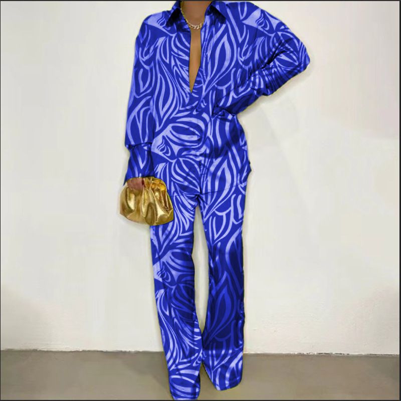 Frühlingsmode aus europäischer und amerikanischer Damenmode, bedrucktes langärmeliges Hemd und Hose, zweiteiliges Set_voghion.com