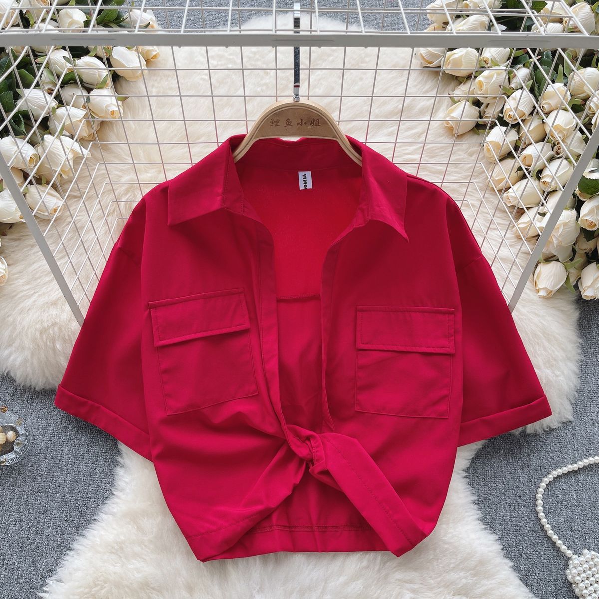 Dámské oblečení Sladké, cool, horké dívčí stylové klopové tričko s krátkým rukávem, dámské letní výstřih do V, zkroucený design, smysl, krásná nika, čistá touha, top s pupkem_voghion.com