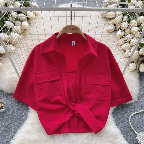 Dámské oblečení Sladké, cool, horké dívčí stylové klopové tričko s krátkým rukávem, dámské letní výstřih do V, zkroucený design, smysl, krásná nika, čistá touha, top s pupkem_voghion.com