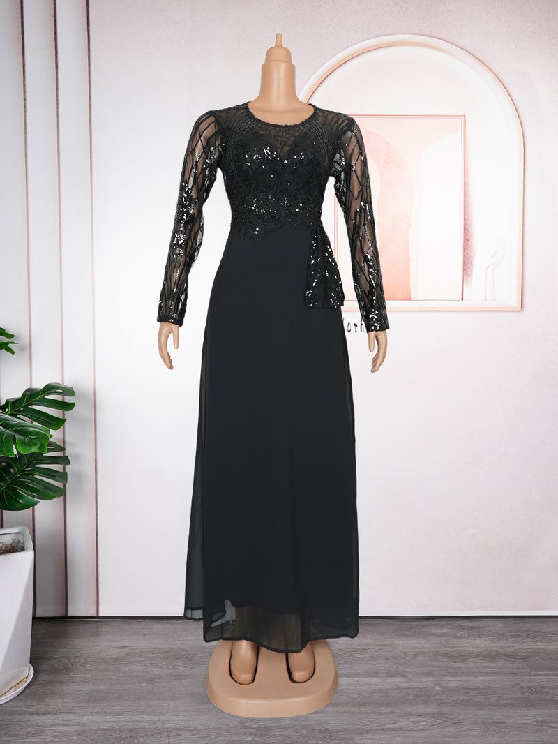 Women's Clothing Beads Stitching Chiffon Round Neck Dress_voghion.com