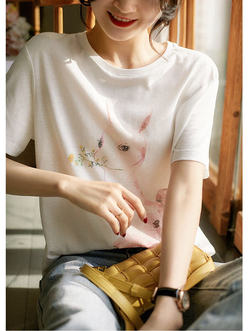 2024 Estate Nuovo Acquerello Fiore Coniglio Stampato Bambino Pelle Tocco Xinjiang Cotone Manica Corta T-shirt_voghion.com