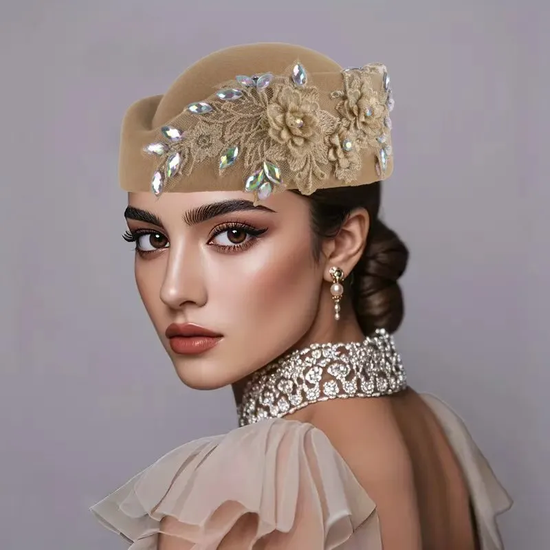 New retro British felt turban hat for women church derby headdress with flower dot diamond ladies soft beret_voghion.com