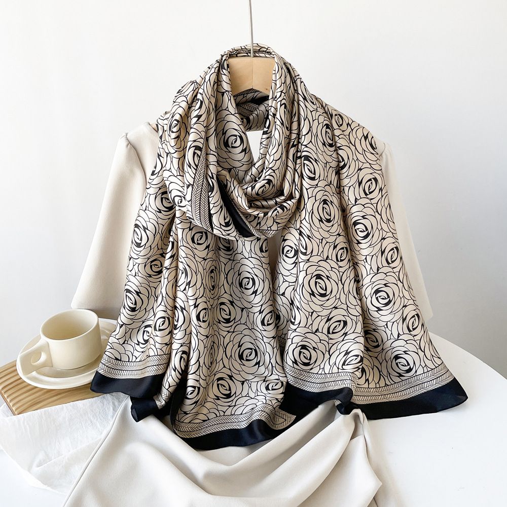 Sciarpa di seta di alta qualità, nuova di zecca, da donna, con stampa di camelia, in raso_voghion.com