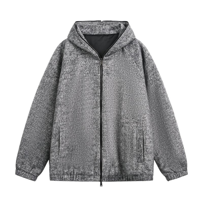 "Vintage Esintili Mohair Karışımlı Kapüşonlu Ceket - Erkekler İçin Büyük Boy Siluet | Gri-Haki ve Koyu Gri | M-XXL"_voghion.com