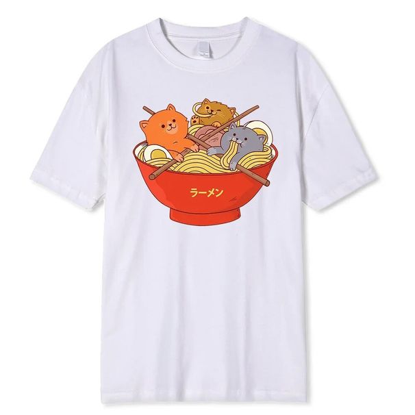 Japansk stil sød kat i nuddel skål trykt t-shirt til mænd Åndbar løve-tøj Caual Thirt Fahion bomuld_voghion.com