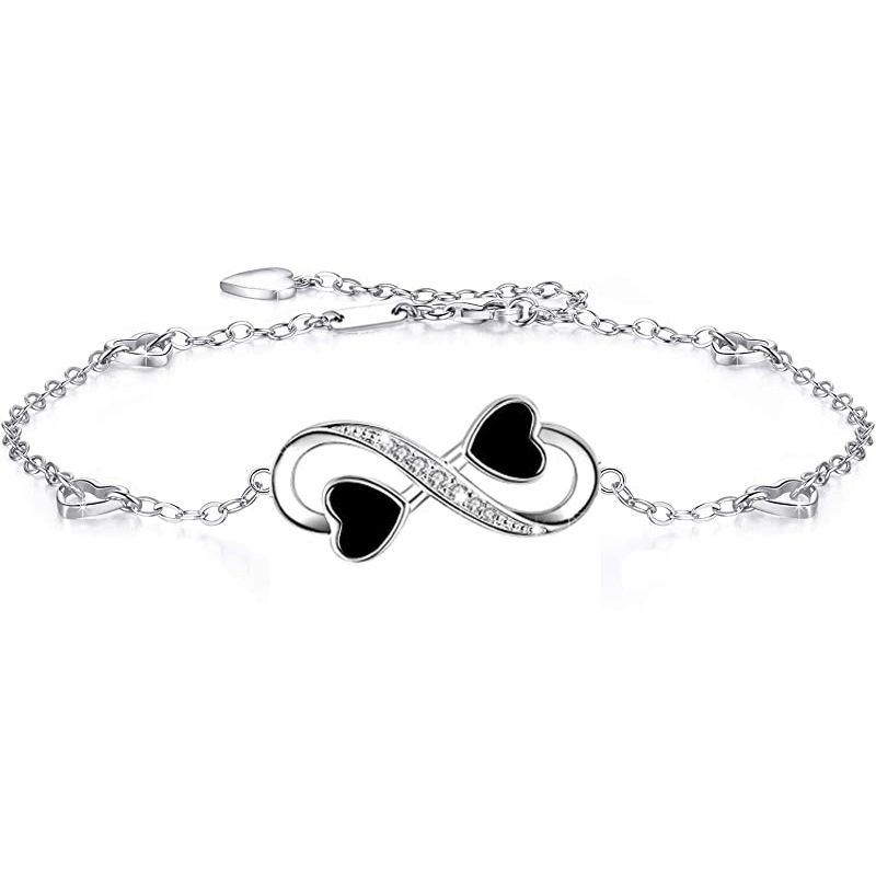 Cavigliera alla moda in argento con forma a 8 e cuore, per donna, gioielli con gocce di olio nero_voghion.com