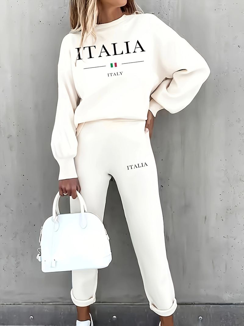 Tuta da donna stampata in due pezzi, con maglia a maniche lunghe e pantaloni con coulisse in vita, abbigliamento sportivo casual per primavera e autunno._voghion.com