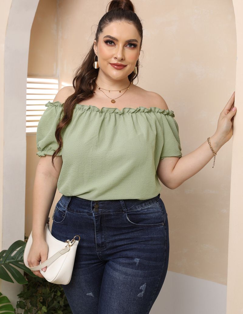 T-shirt à manches courtes pour femmes, grande taille, ourlet d'oreille en bois, col une ligne, sexy, épaules dénudées, décontracté, doux_voghion.com