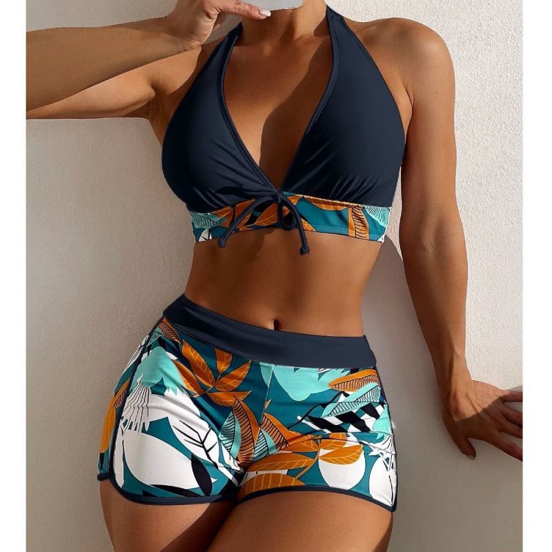 Costume da bagno avanzato da donna, costume da bagno bikini boxer con spacco, vita alta e laccetto al collo_voghion.com