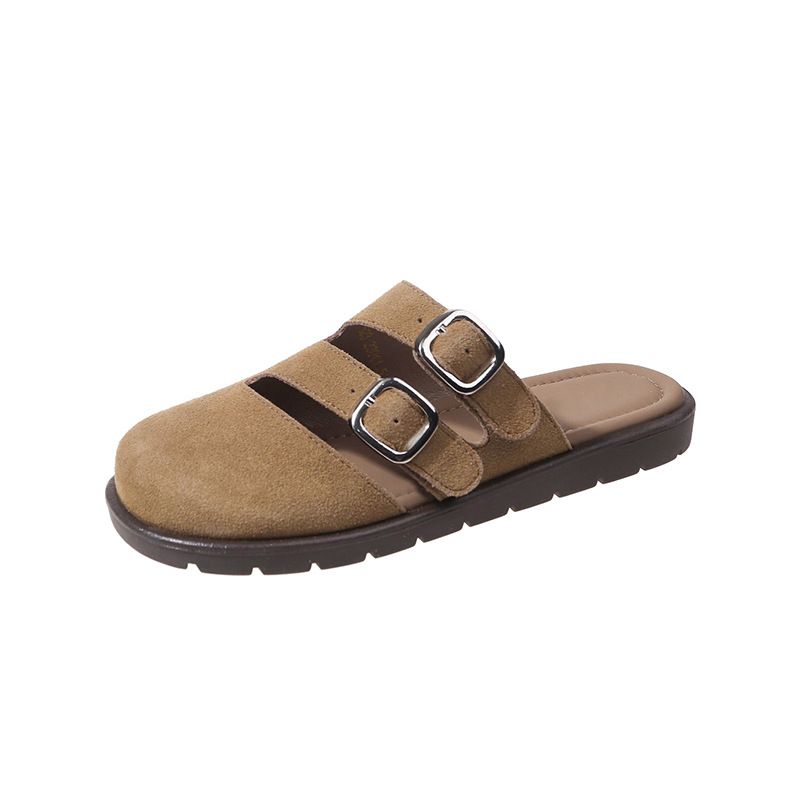 İngiliz tarzı kare kafa rahat kemer tokası içi boş katır sandalet kadınlar için 2024 dışında giymek için moda büyük boy kapalı kafa yarım terlik_voghion.com