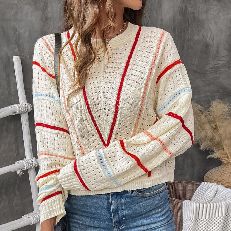 Gestreifter Strickpullover für Damen – Weicher Acrylpullover, lässige, lockere Passform, lange Ärmel, Rundhalsausschnitt, bequemes Oberteil für Herbst und Winter_voghion.com
