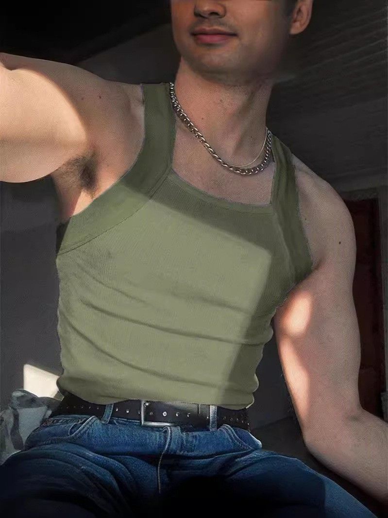 Sommer Neue Mode Ärmelloses Square Neck Gespleißt I-förmigen Faden Tank Top Eine Schulter Herren Sling T_voghion.com