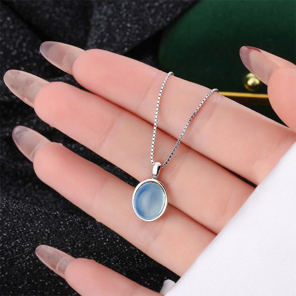 Collana da donna con ciondolo in acquamarina in argento puro S999 - Elegante design ovale, versatile catena per clavicola, stile di nicchia di alta gamma_voghion.com