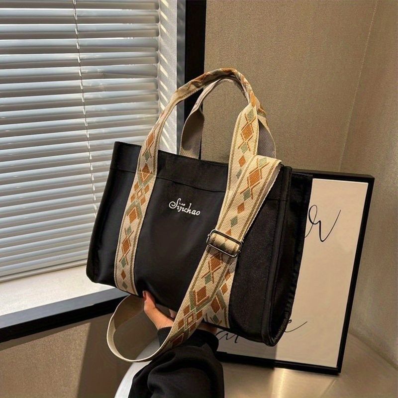 Fashion Canvas Tote Handbag, Lightweight Shoulder Bag With Detachable Flower Print Strap_voghion.com