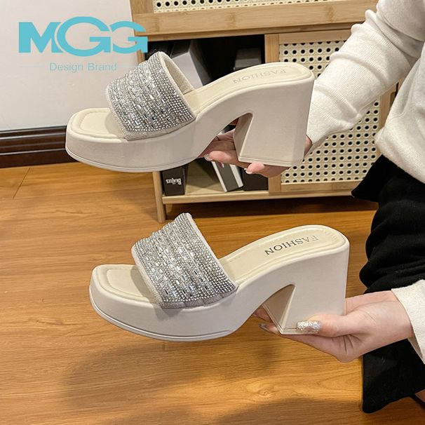 Naujos prancūziškos pleištinės kulno basutės su storu padu, vandens deimanto formos, madingi 2024 m. vasariniai basutės, pakeltos, tiesios linijos._voghion.com