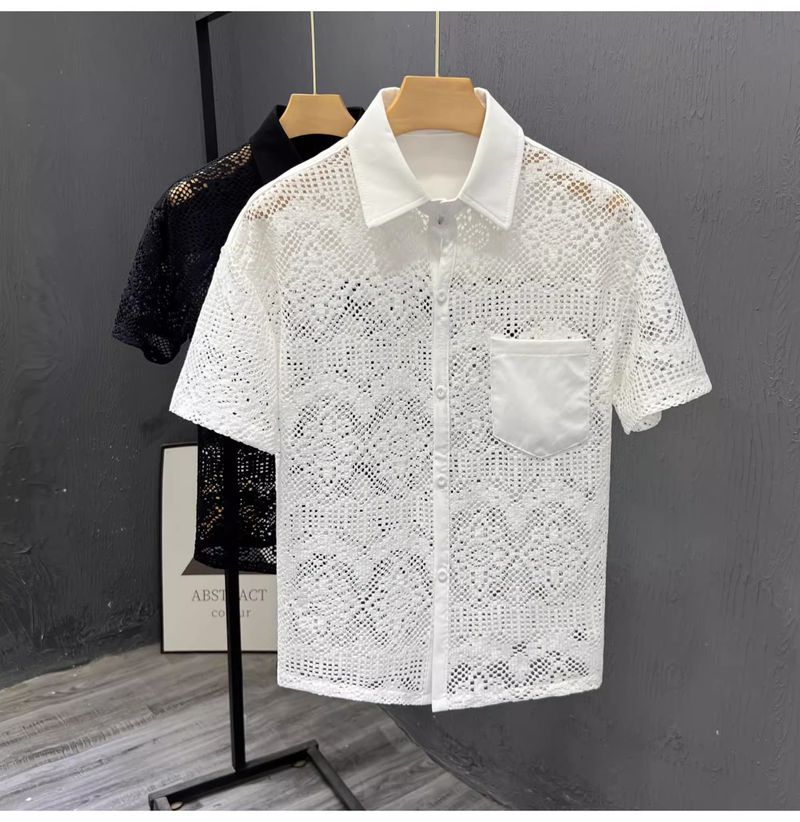 New Hollow Design Casual Short-sleeved Shirt Men's High-end Trendy Brand Ruffian Handsome Shirt Versatile Loose Summer Top_voghion.com